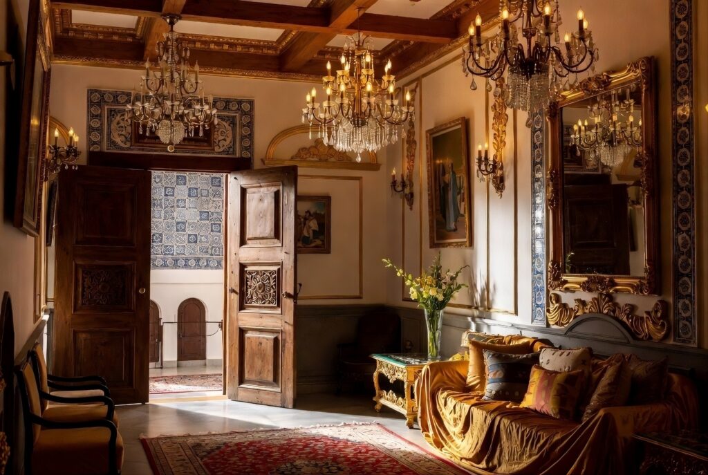 Detailed Indian Maximalist interiors in a luxury apartment in Marna Siolim, North Goa