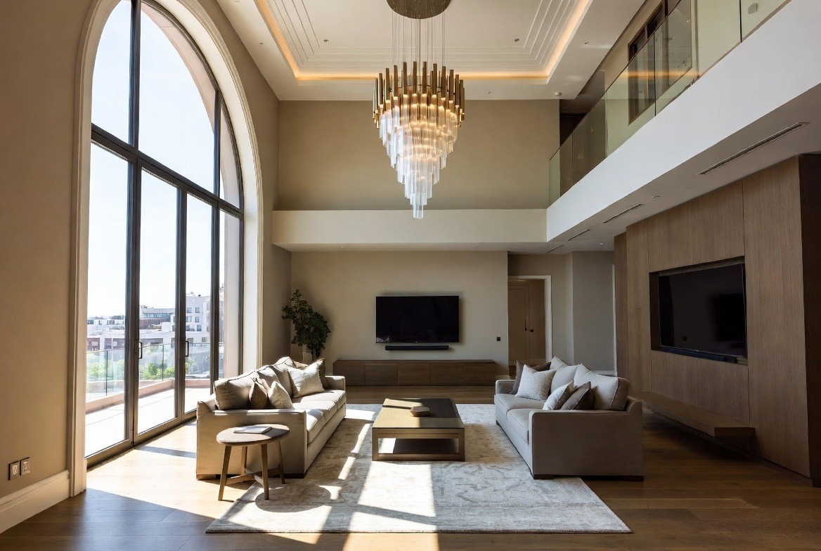opulent double height ceiling tall living room with immense space in north goa